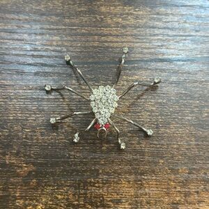 Vintage 80’s Rhinestone Spider Brooch with Red Eyes - Silver Tone